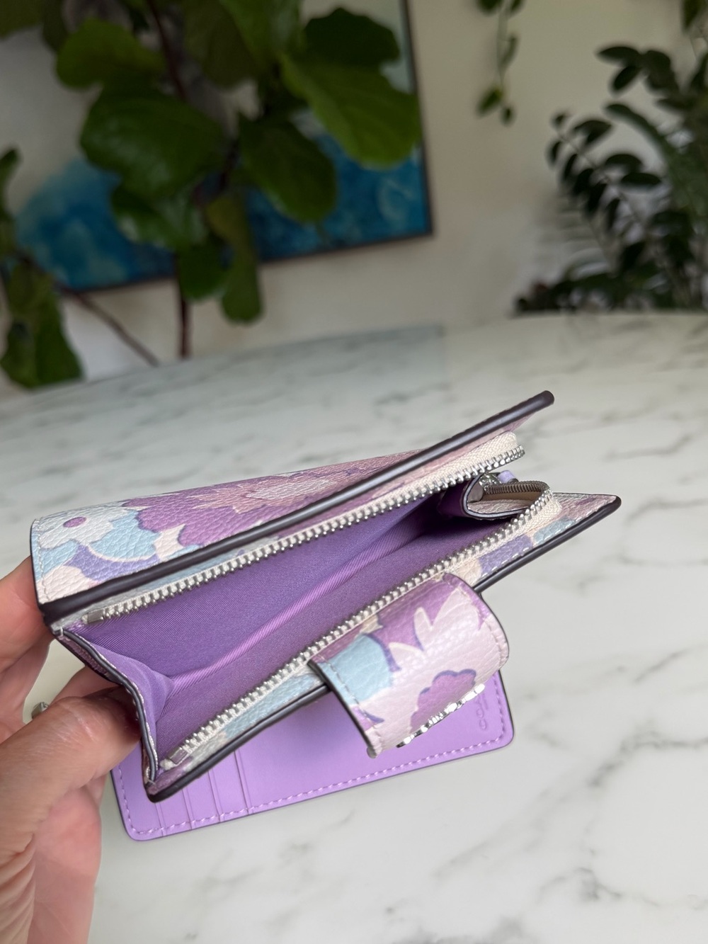 COACH Medium Corner Zip Wallet With Floral Print Ivory Purple Pink Multi CBO31 - Picture 12 of 12